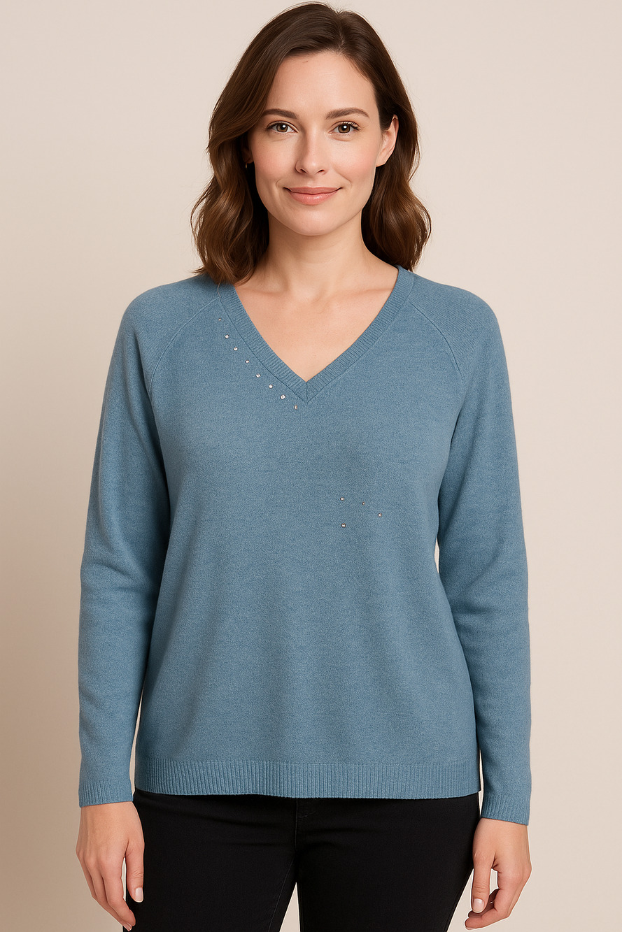 Vintage Easy Spirit cashmere v neck blue blingy soft cozy sweater size large